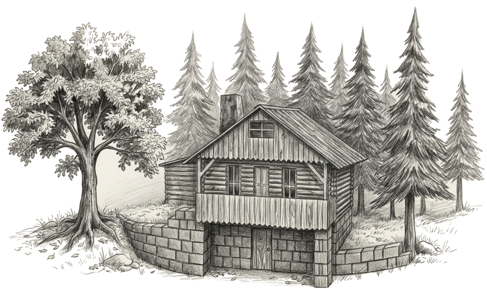 Hütte Bloßstockblick, Bleistiftzeichnung