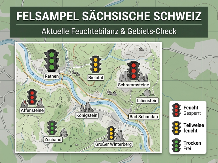 Felsampel Sächsische Schweiz – Karte mit Ampeln je Klettergebiet, verlinkt auf die aktuelle Felsampel des SBB